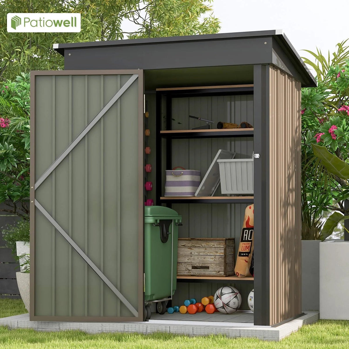 Patiowell Outdoor Storage Shed 5x3 FT Galvanized Steel Coffee Brown