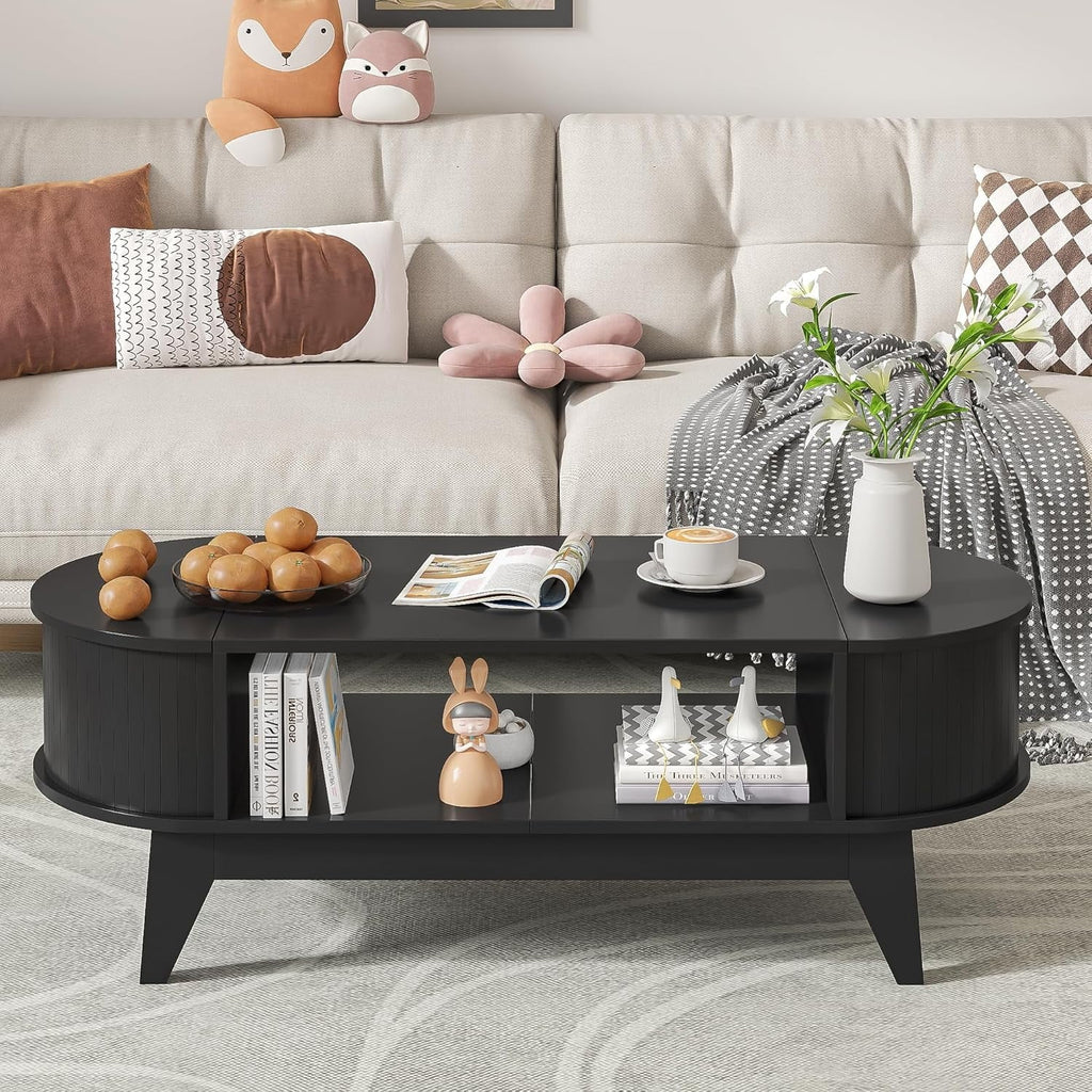Fluted Oval Coffee Table With Storage, 46.45 x 19.68 x 15.94 in