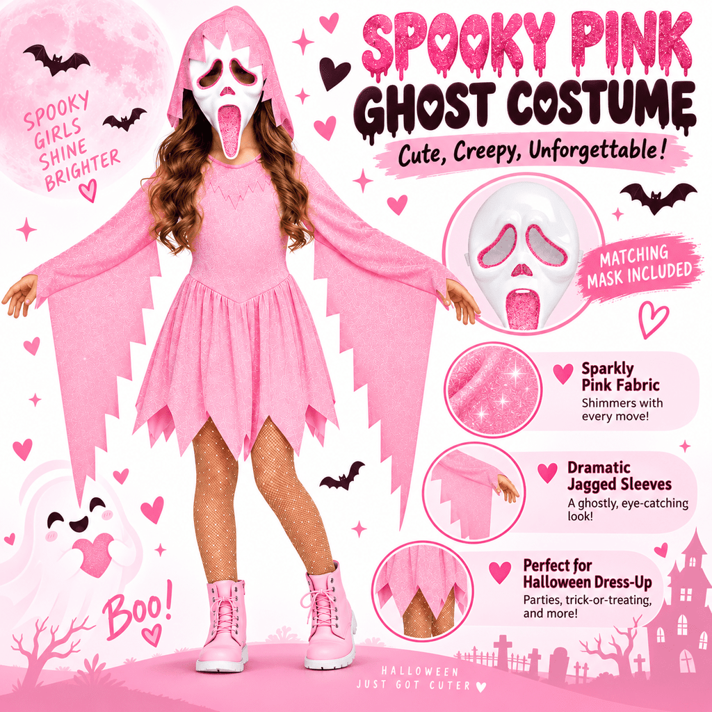 Pink Glitter Ghost Halloween Costume for Girls, Hooded Cosplay Dress with Mask, Spooky Horror Party Outfit