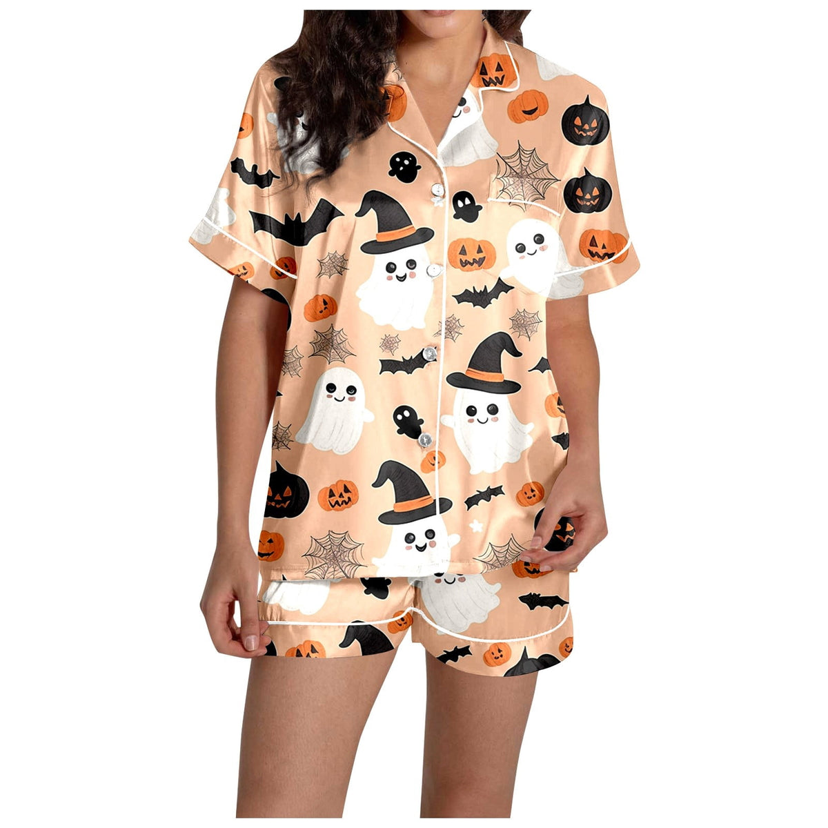 MEZZALL Women Halloween Printed Pajama With Lapel Collar Short Sleeve Tops And Shorts For Home Wear Cozy For Lightweight And Breathable Comfort Relaxed Fit 2 Piece Pjs