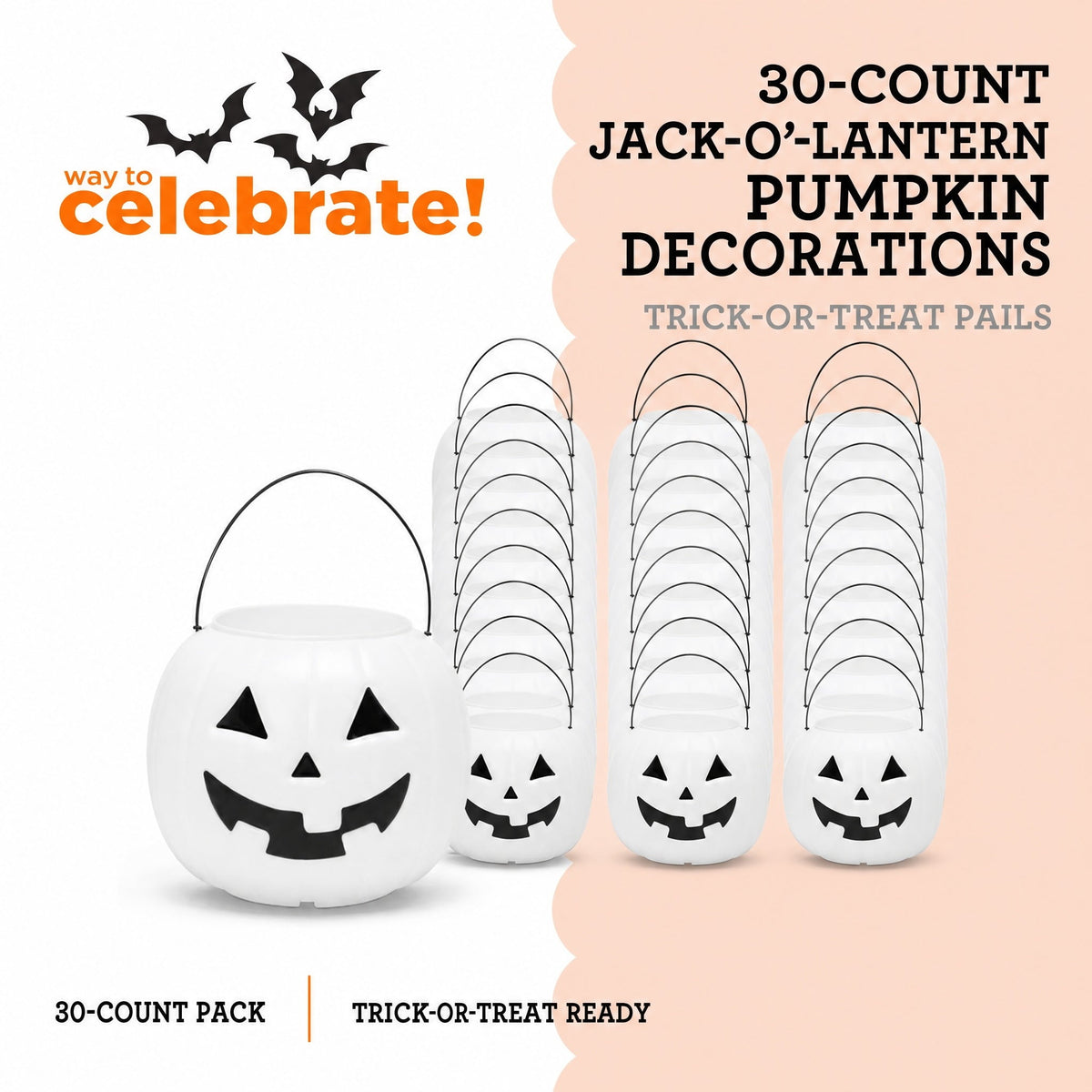 30-Count Jack-o'-Lantern Trick-or-Treat Pail, White, 8", Halloween by Way To Celebrate